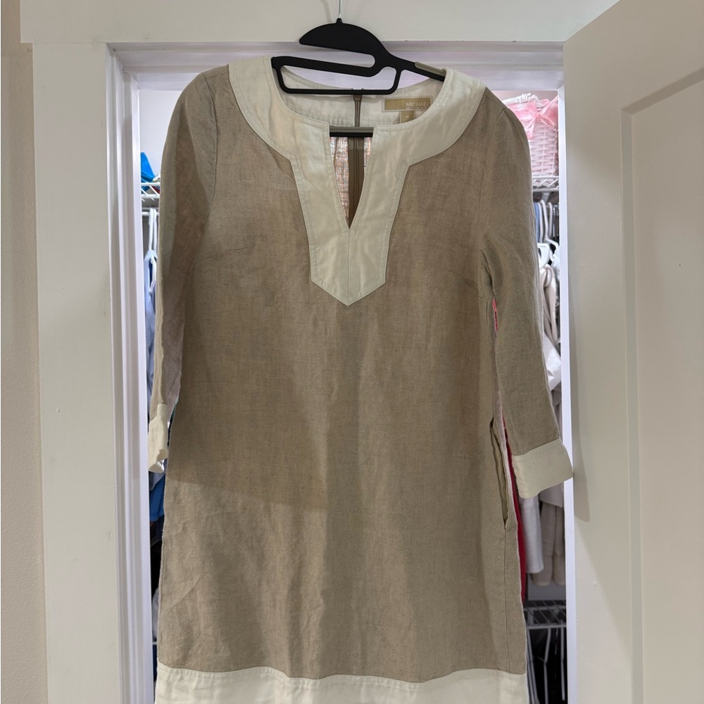 Michael Kors Tan Linen Tunic with Cream Trim